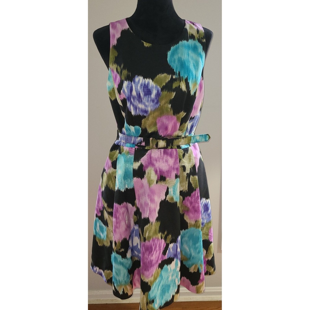 Eliza J Women's floral Pink Sleeveless A-Line Dress 12 w/ Belt Full Skirt